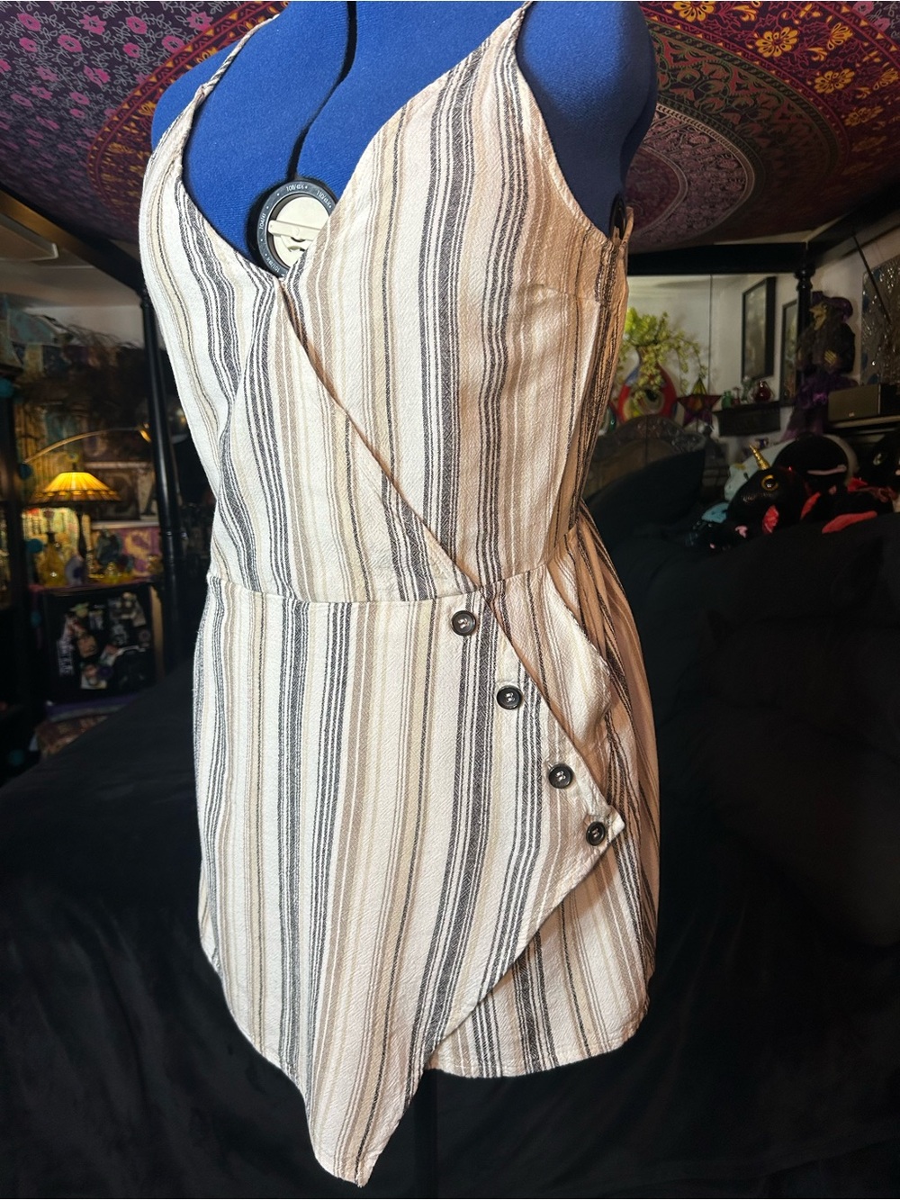 Jay for justify romper Striped Wrap-Front Sleeveless Dress in Cream and Black
